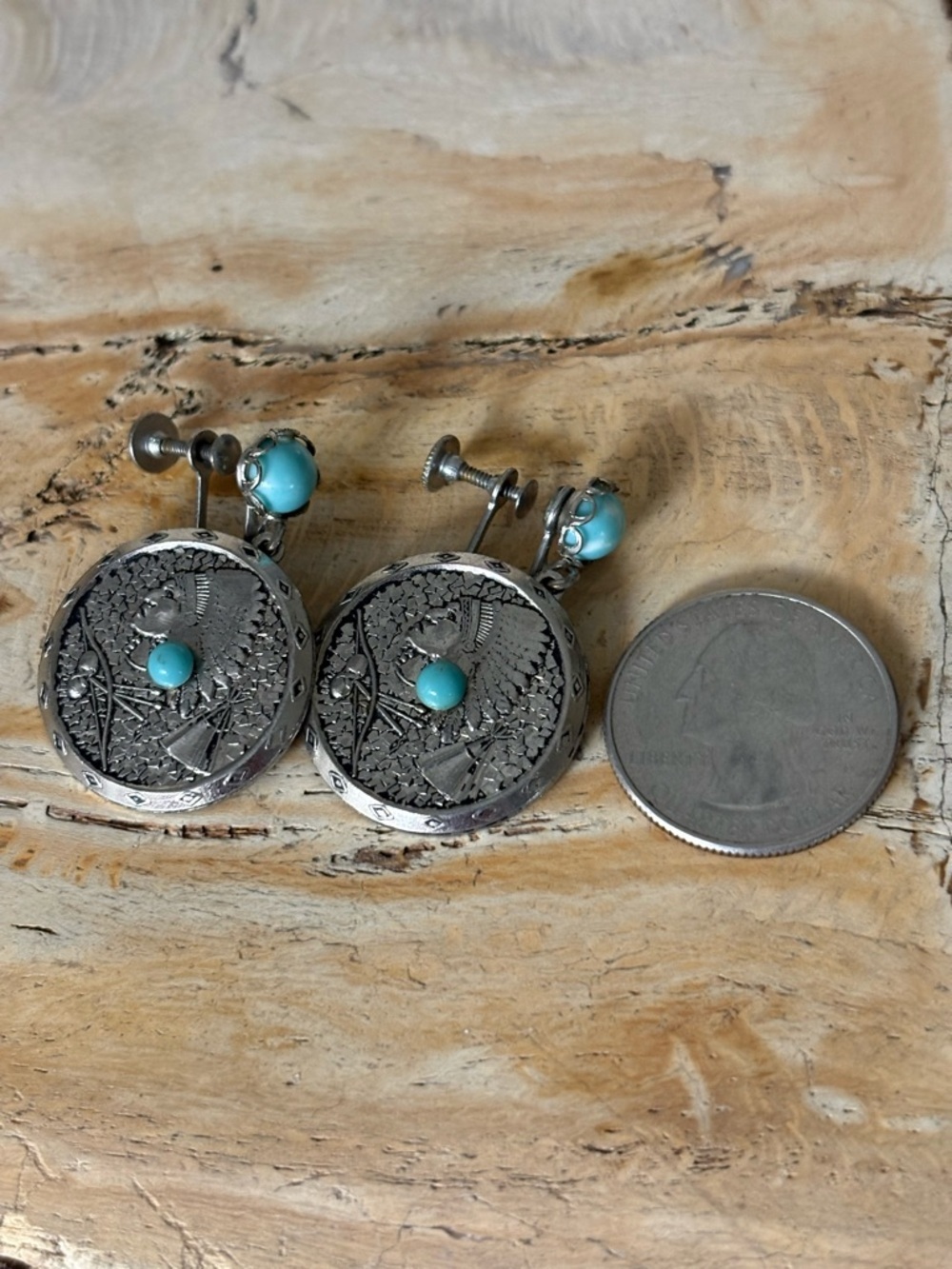 Sterling Silver Larimar Indian Head Native American Earrings - Picture 5 of 6